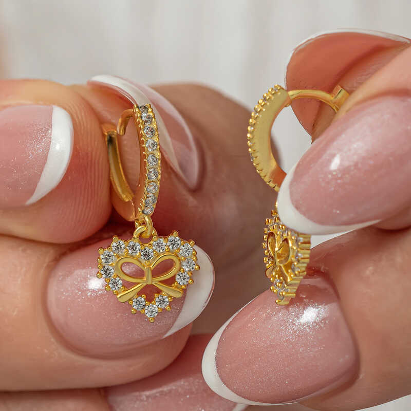Gümüş Gold Kalp Kurdele Sallantılı Kadın Küpe – Sevginin Simgesi | 925 Ayar