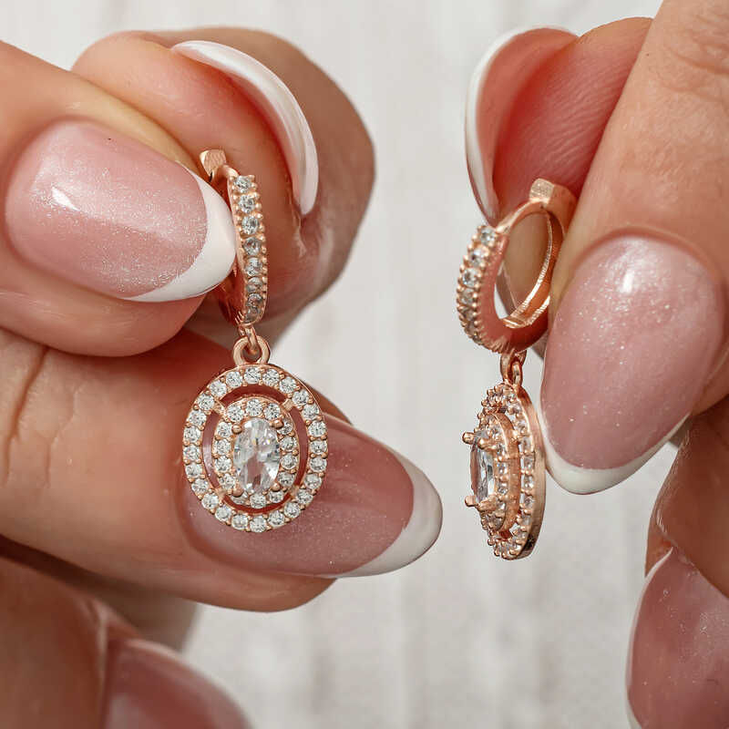 Gümüş Rose Oval Taşlı Sallantılı Küpe-Gümüş