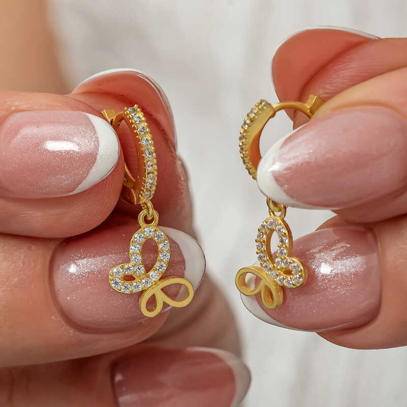 Gümüş Sallantılı Gold Kelebek Kadın Küpe-Gümüş