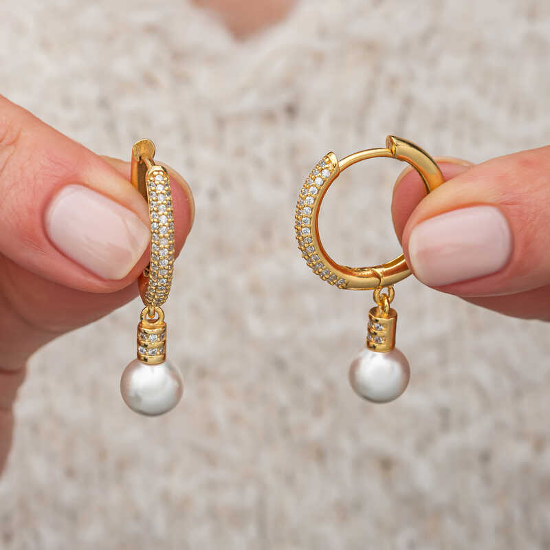 Gümüş Zirkon Taşlı Gold Halka İnci Küpe-Gümüş