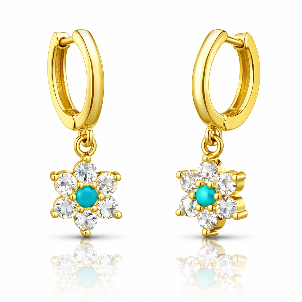 Gümüş Mavi Taşlı Gold Çiçek Kadın Küpe-Gümüş