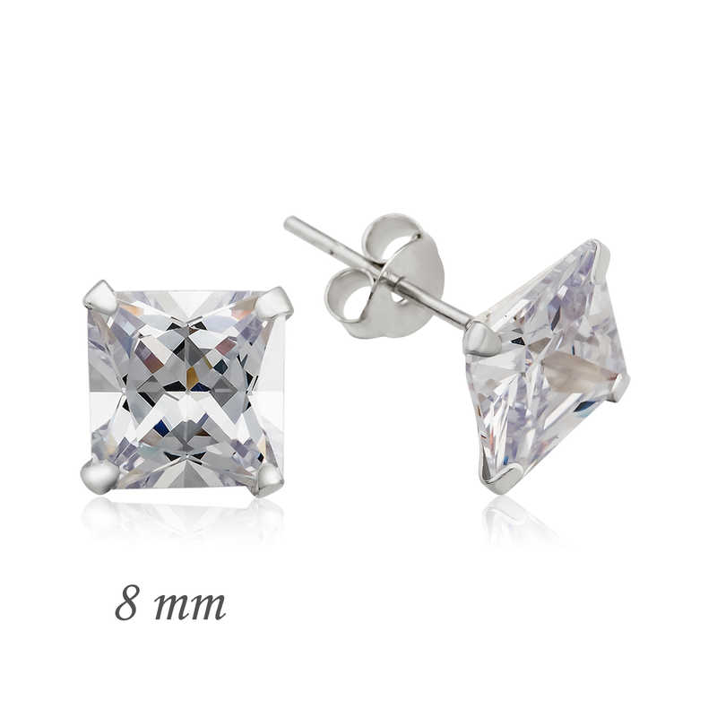 Gümüş Kare Tek Taş Zirkon Küpe - 8 mm – Tek Işıltı