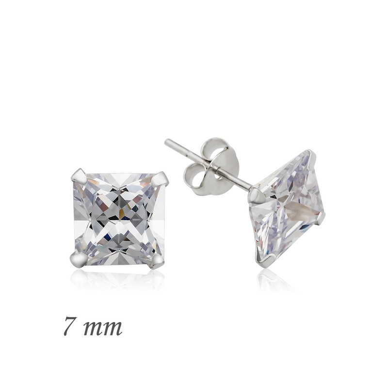 Gümüş Kare Tek Taş Zirkon Küpe - 7 mm – Tek Işıltı