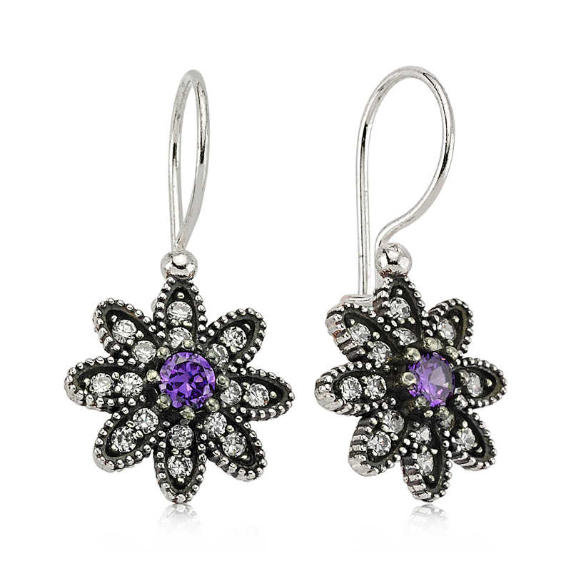 Gümüş Mor Taşlı Çiçek Küpe – Solmayan Bahar | 925 Ayar | 1,6 cm 2,9 cm 4,5 gr