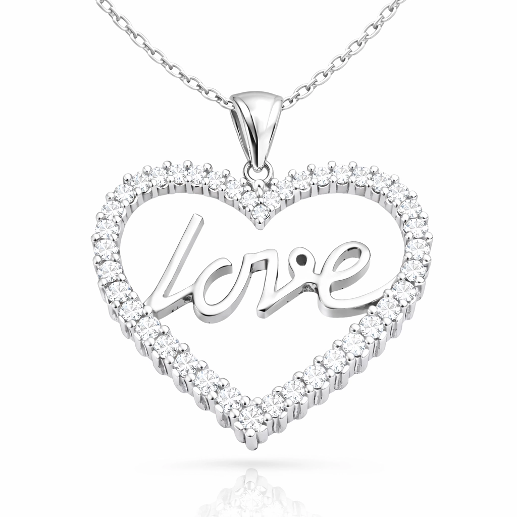 Gümüş Taşlı Love Bayan Kolye-Gümüş