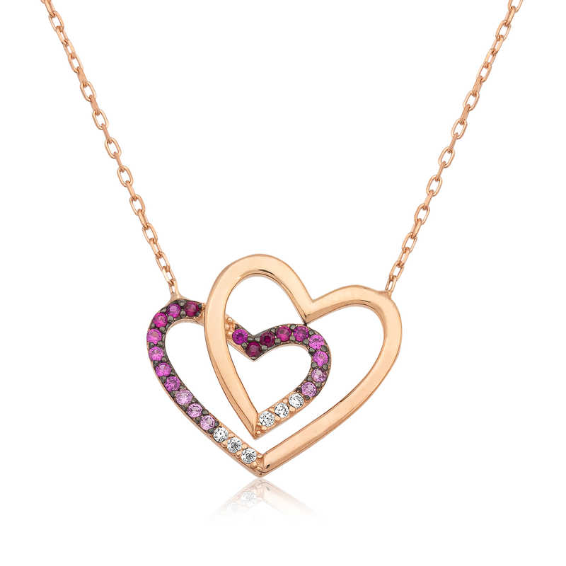 Gümüş Rose İki Kalp Bayan Kolye – Sevginin Simgesi | 925 Ayar | 1,8 cm 1,6 cm 1,8 gr 45 cm