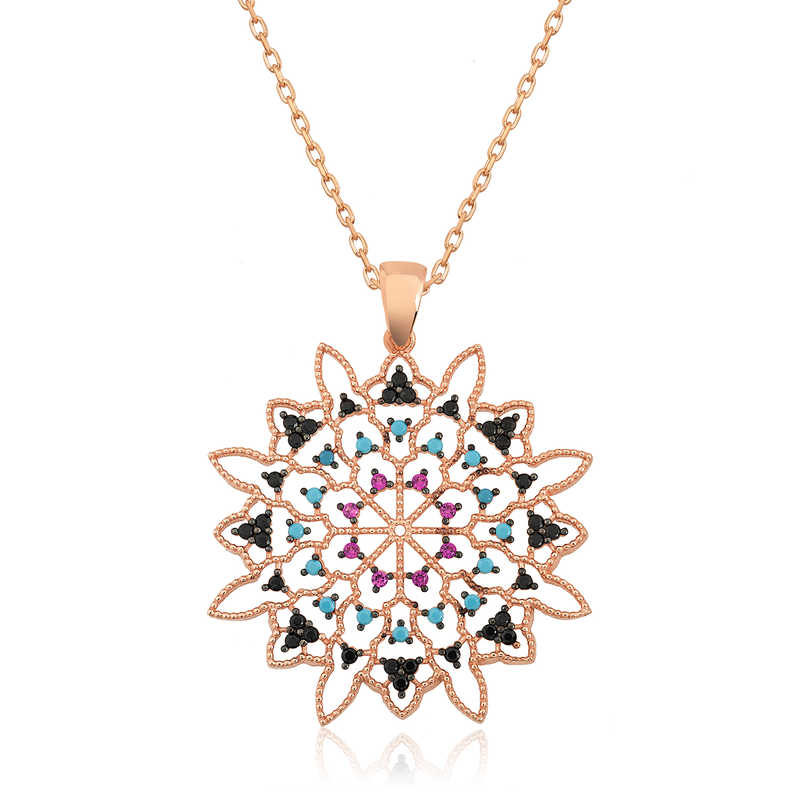 Gümüş Rose Geometrik Desenli Madalyon Kolye-Gümüş