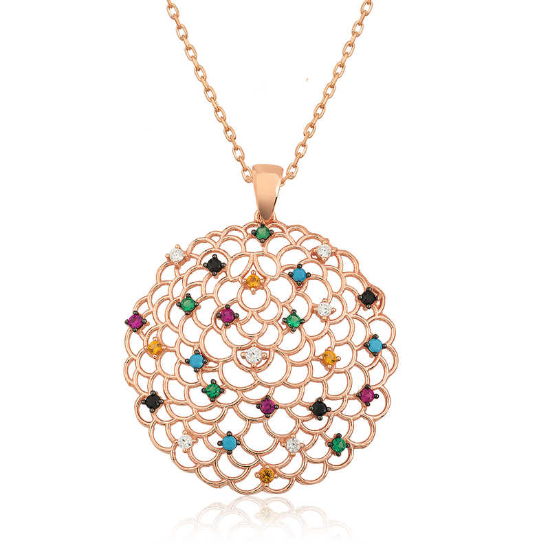 Gümüş Rose Geometrik Desenli Madalyon Kolye – Günlük Şıklık | 925 Ayar | 3,5 cm 3,5 cm 6 gr