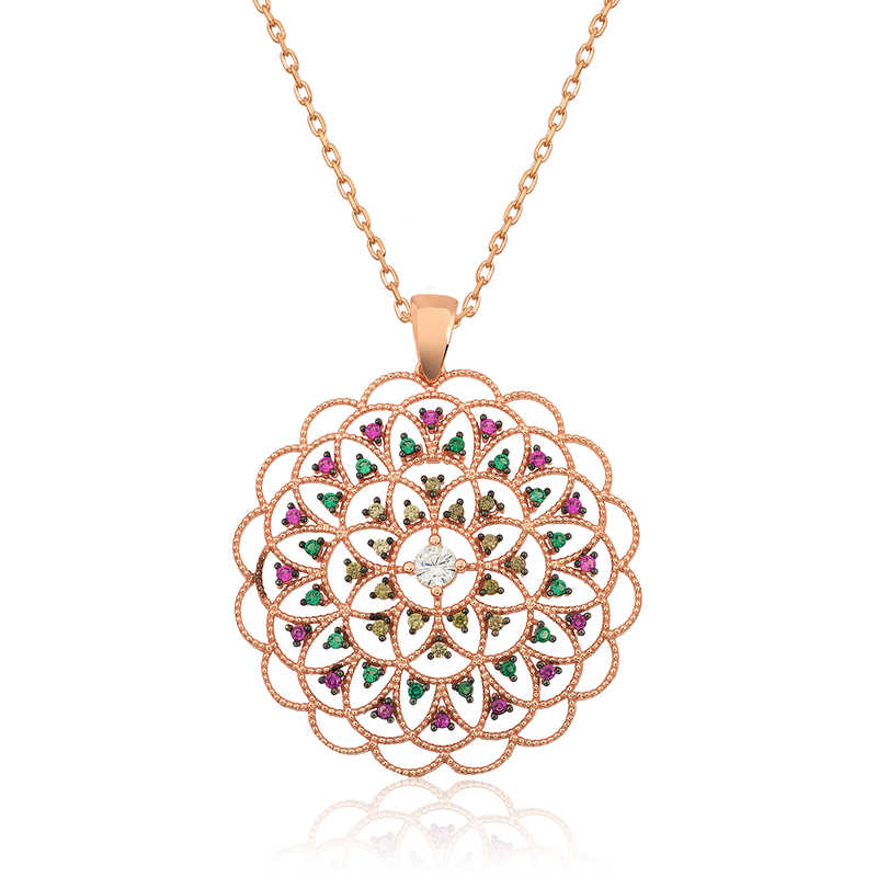 Gümüş Rose Geometrik Desenli Madalyon Kolye-Gümüş