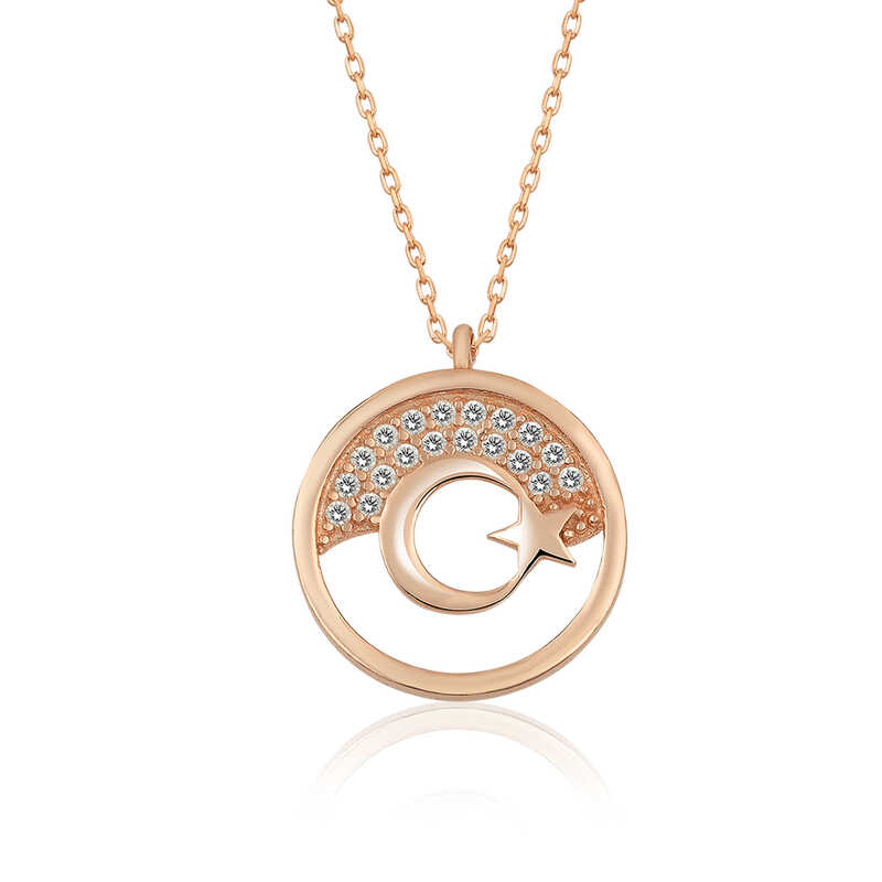 Gümüş Rose Ay Yıldız Bayan Kolye – Vatan Sevgisi | 925 Ayar | 1,7 cm 1,7 cm 2,35 gr 45 cm