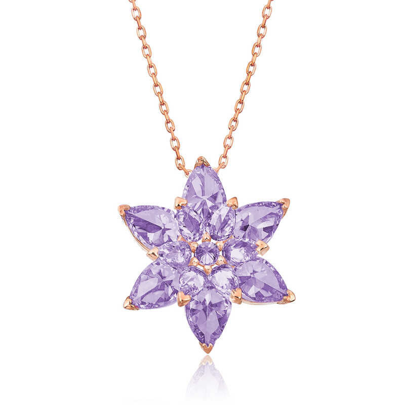 Gümüş Rose Lila Lotus Çiçeği Kolye-Gümüş