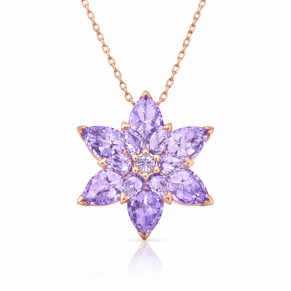 Gümüş Rose Lila Lotus Çiçeği Kolye-Gümüş