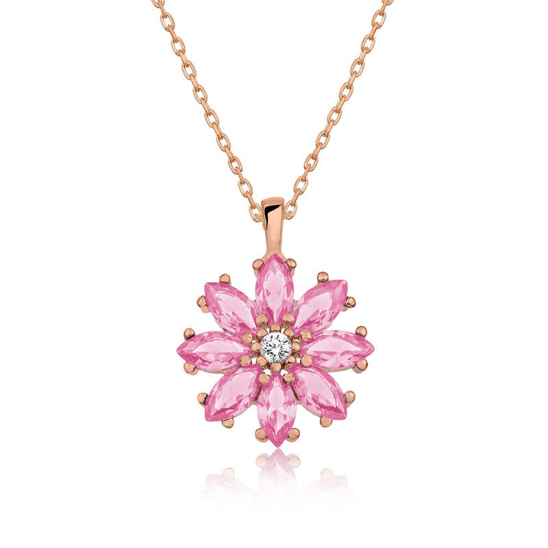 Gümüş Rose Pembe Çiçek Kolye-Gümüş