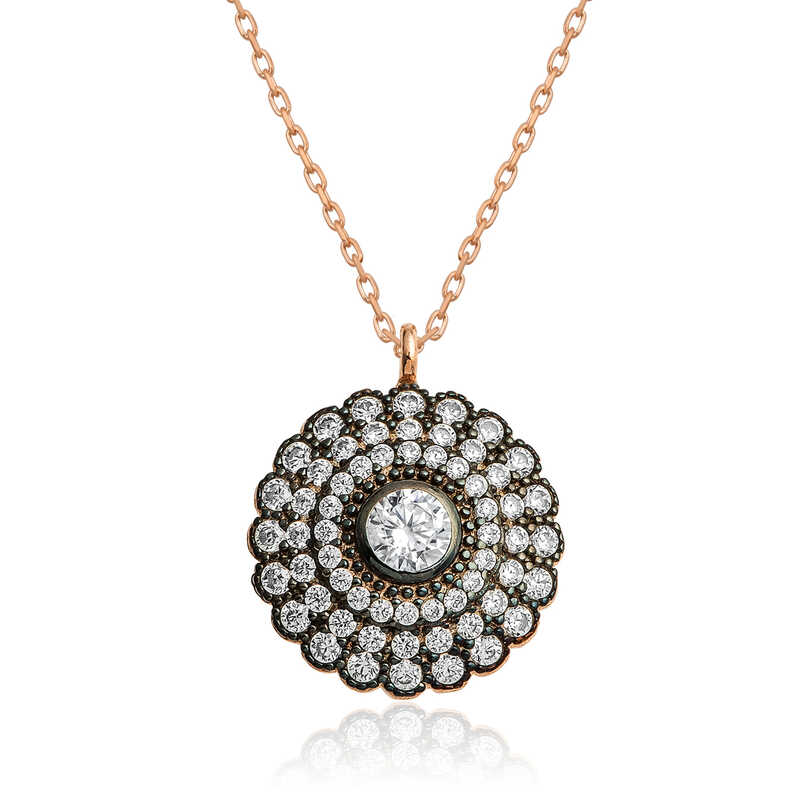 Gümüş Rose Elmas Montür Çiçek Bayan Kolye – Solmayan Bahar | 1,8 cm 1,8 cm 3,6 gr