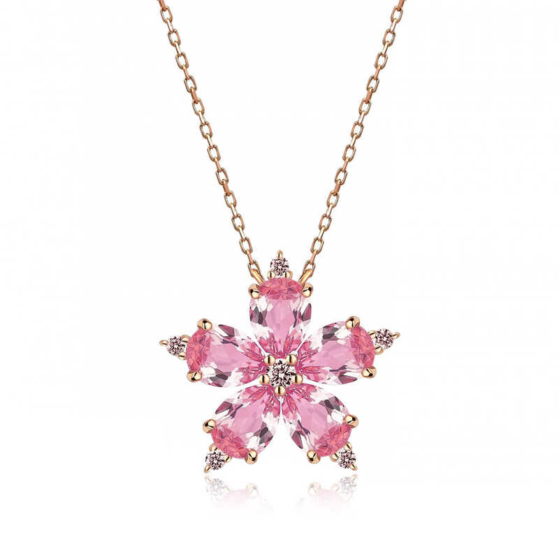 Gümüş Rose Pembe Kamelya Çiçeği Kolye-Gümüş