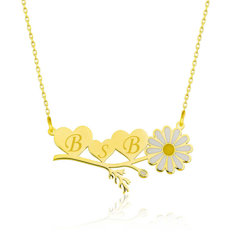 Gümüş Gold Kişiye Özel Kalpli Papatya Kolye – Saflığın Çiçeği | 925 Ayar | 3,6 cm 1,6 cm 3,12 gr