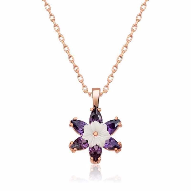 Gümüş Rose Mor Lotus Çiçeği Kolye-Gümüş