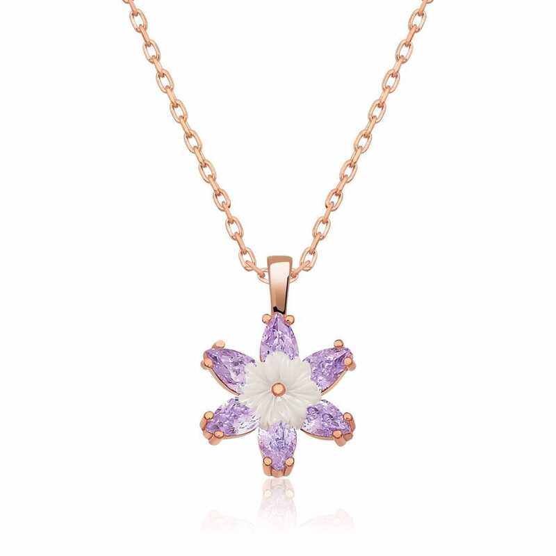 Gümüş Rose Lila Lotus Çiçeği Kolye-Gümüş