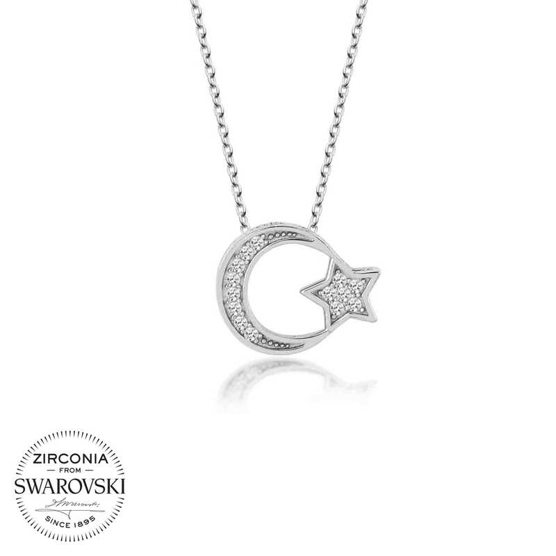 Swarovski Taşlı Gümüş Ayyıldız Bayan Kolye-Gümüş
