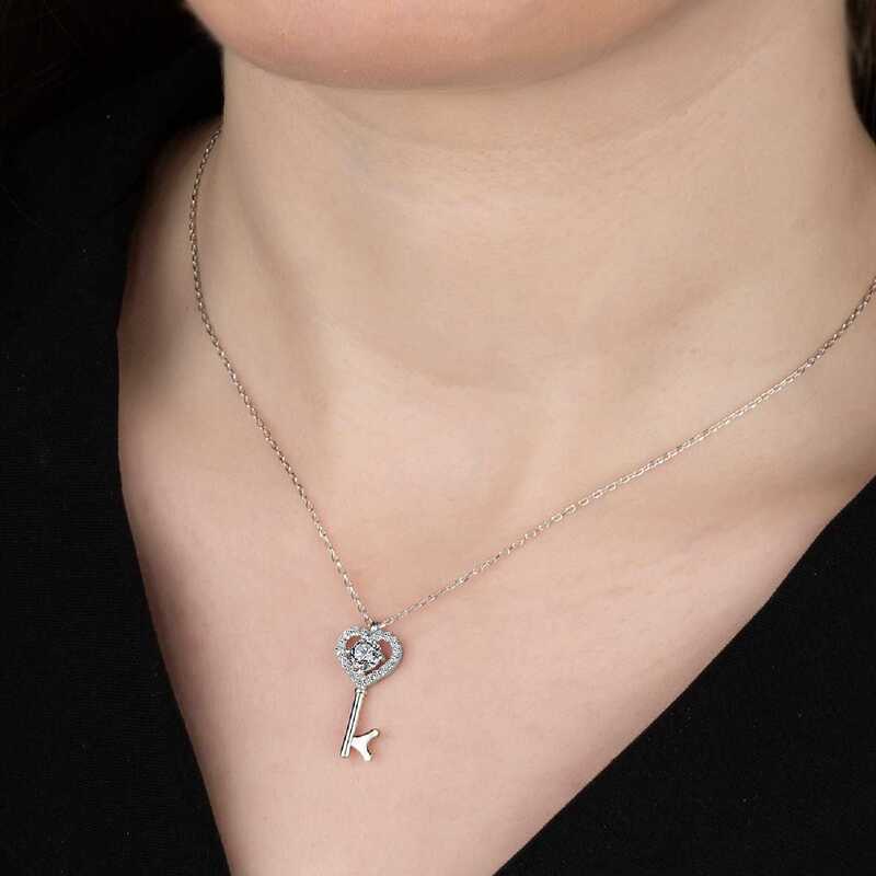 Swarovski Taşlı Gümüş Anahtar Bayan Kolye-Gümüş
