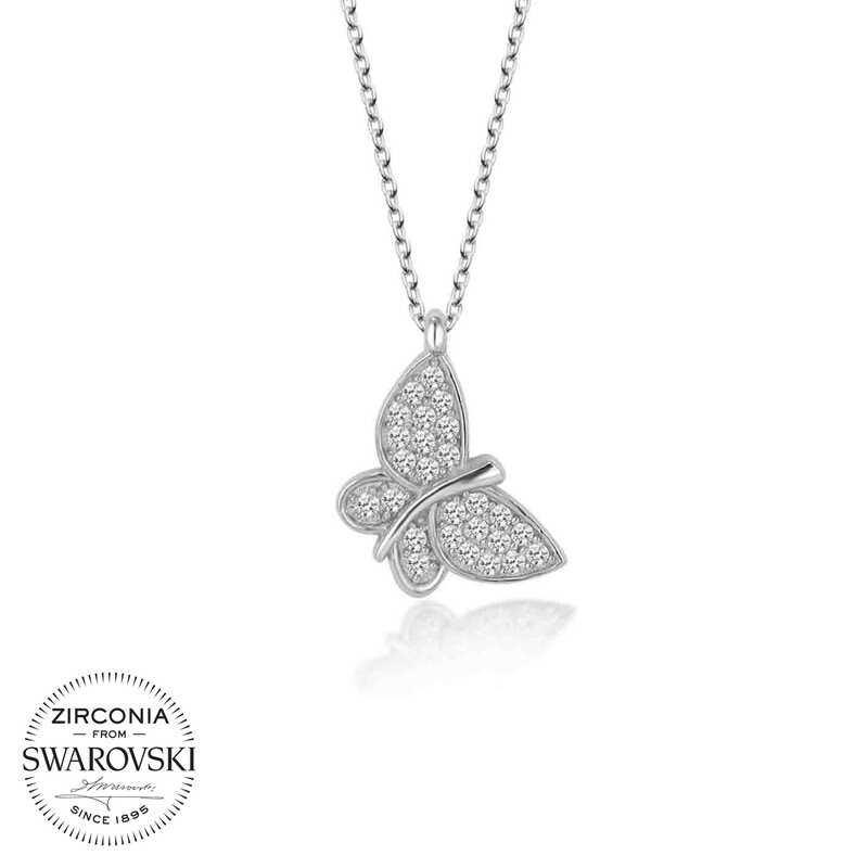 Swarovski Taşlı Gümüş Kelebek Bayan Kolye-Gümüş