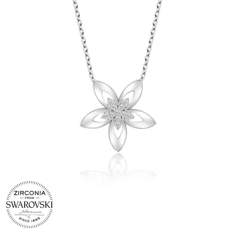 Swarovski Taşlı Gümüş Çiçek Bayan Kolye-Gümüş