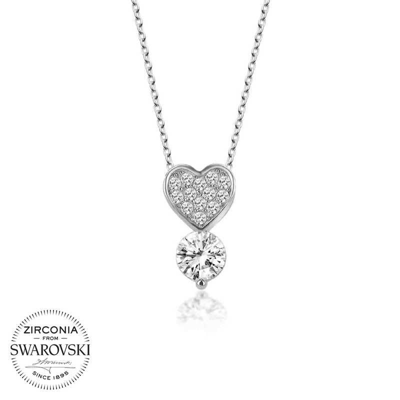 Swarovski Taşlı Gümüş Kalp Tektaş Bayan Kolye-Gümüş