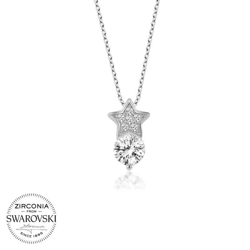 Swarovski Taşlı Gümüş Yıldız Tektaş Bayan Kolye-Gümüş