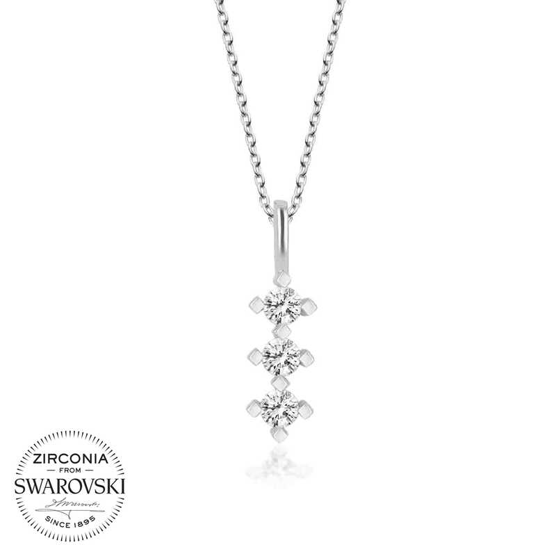 Swarovski Taşlı Gümüş Üçtaş Tektaş Bayan Kolye-Gümüş