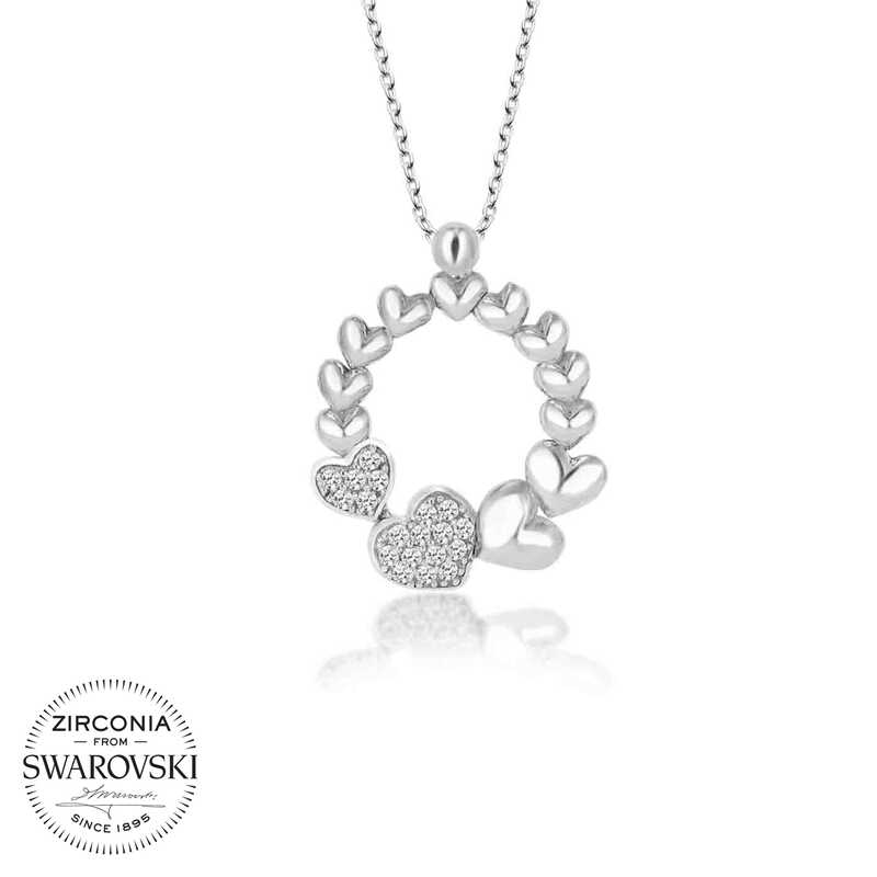 Swarovski Taşlı Gümüş Çember Kalp Bayan Kolye-Gümüş