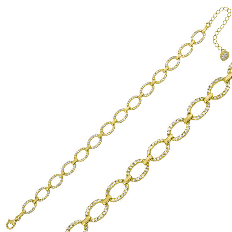 Gümüş Gold Oval Taşlı Bayan Bileklik – Bilekte Işıltı | 925 Ayar | 0,7 cm 1 cm 23 cm 8,05 gr