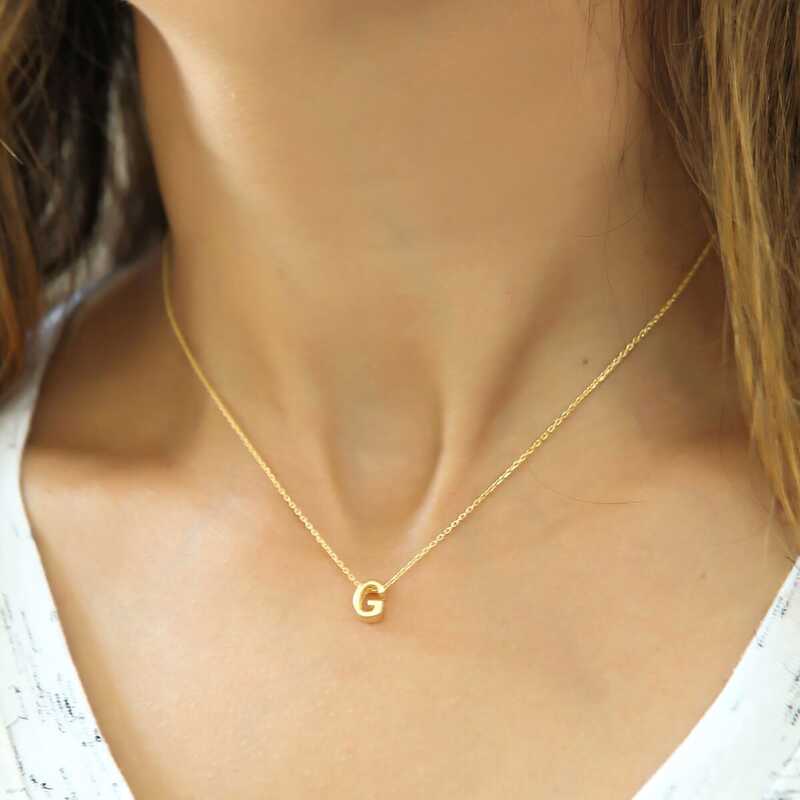 Gümüş Gold 3 Boyutlu G Harf Bayan Kolye-Gümüş