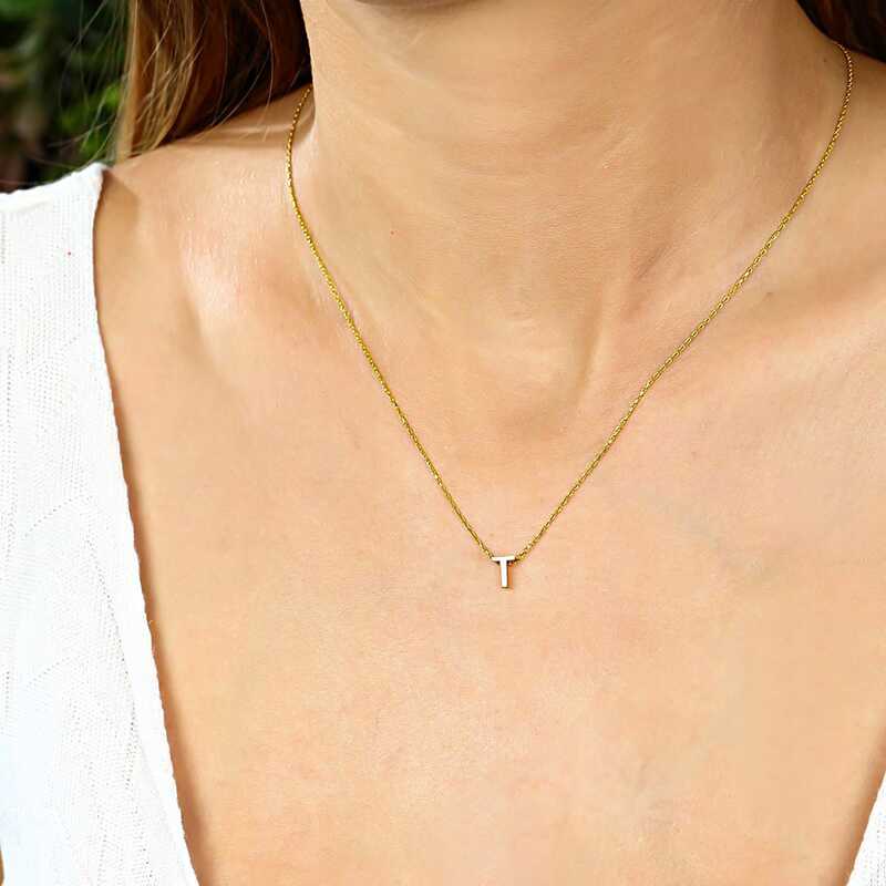 Gümüş Gold 3 Boyutlu T Harf Bayan Kolye – İsmin Baş Harfi | 925 Ayar