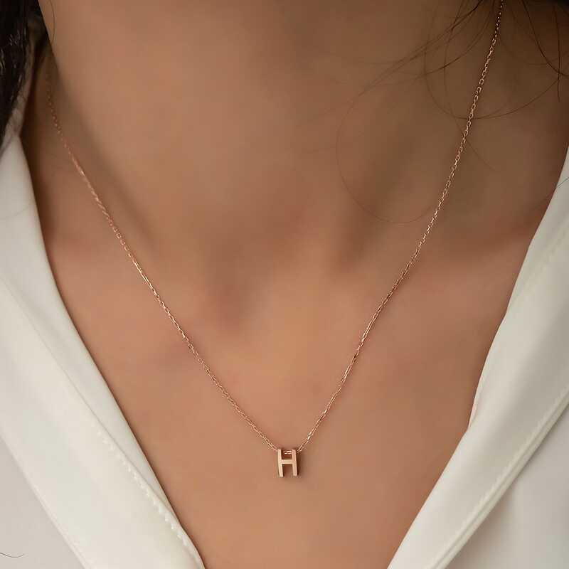 Gümüş Rose 3 Boyutlu H Harf Bayan Kolye-Gümüş