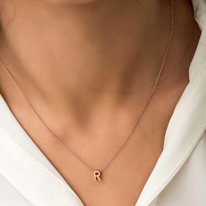 Gümüş Rose 3 Boyutlu R Harf Bayan Kolye-Gümüş