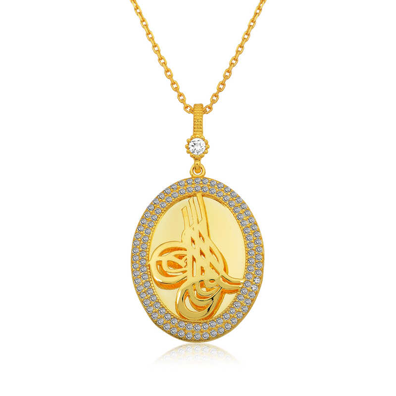 Gümüş Gold Tuğralı Oval Bayan Kolye – Osmanlı Mirası | 925 Ayar