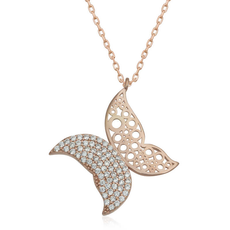 Gümüş Rose Kelebek Kadın Kolye – Değişimin Simgesi | 925 Ayar | 2 cm 1,9 cm 2,6 gr