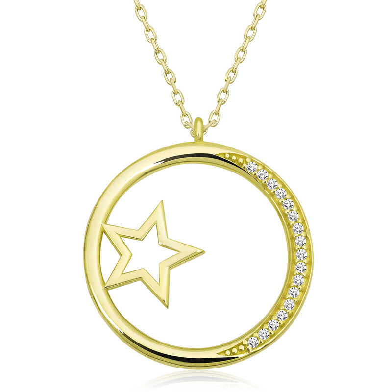 Gümüş Gold Yıldız Detaylı Halka Kadın Kolye-Gümüş
