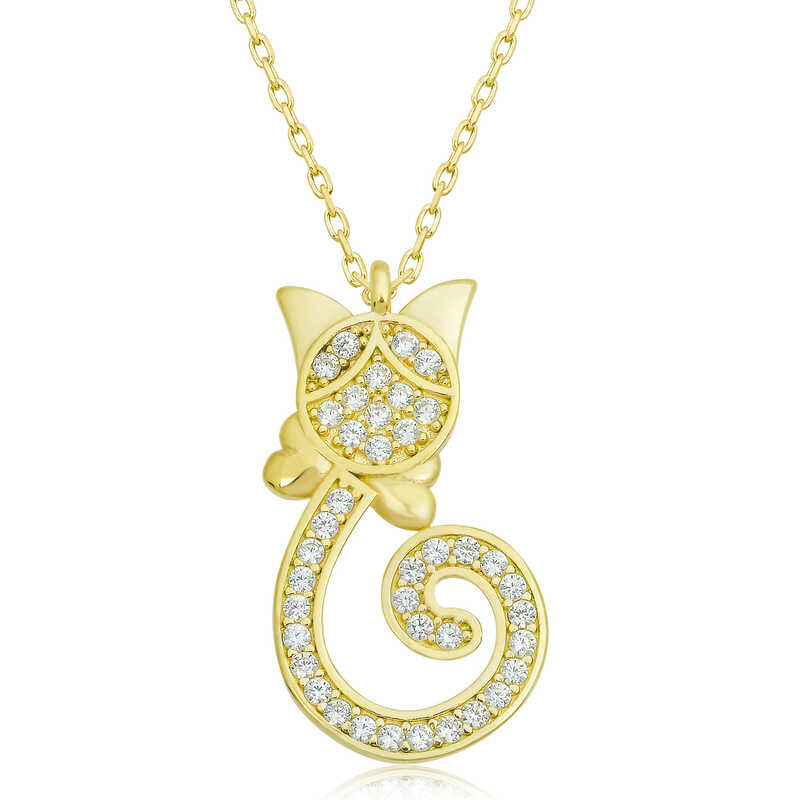 Gümüş Gold Kedi Kadın Kolye-Gümüş