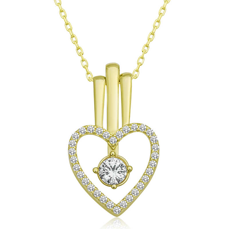 Gümüş Gold Kalpli Tek Taş Kadın Kolye – Sevginin Simgesi | 925 Ayar | 1,5 cm 2,6 cm 3 gr