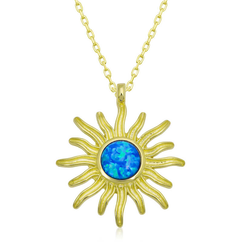 Gümüş Gold Mavi Opal Taşlı Güneş Kadın Kolye – Umudun Işığı | 925 Ayar