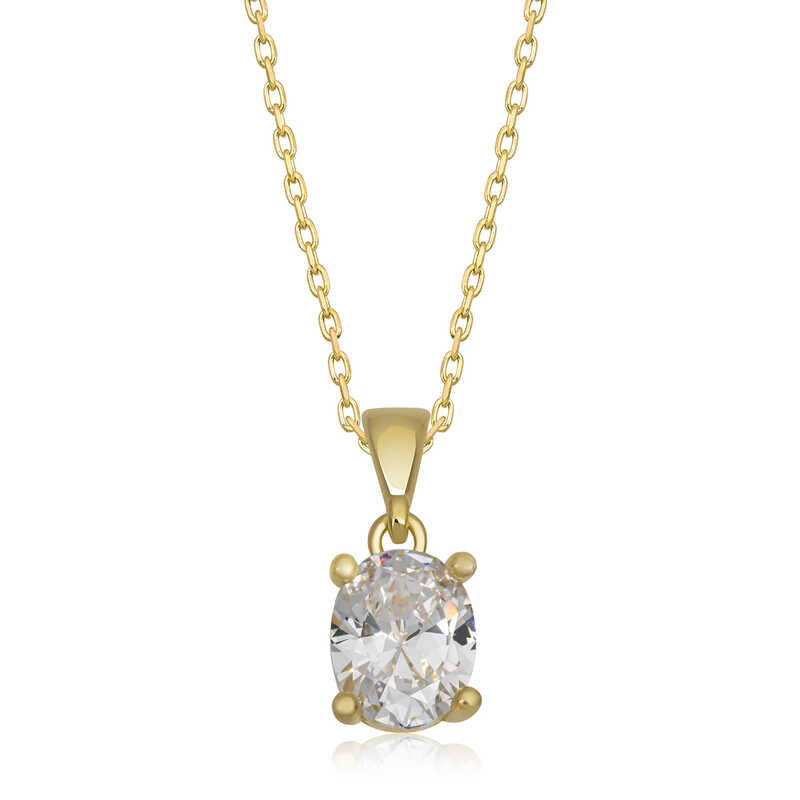 Gümüş Gold Oval Zirkon Taşlı Kadın Kolye-Gümüş