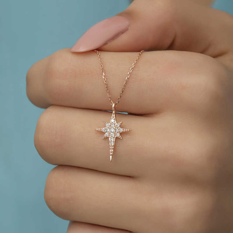 Gümüş Rose Kutup Yıldızı Kadın Kolye – Yol Gösteren Yıldız | 925 Ayar | 0,7 cm 1,9 cm 1,3 gr