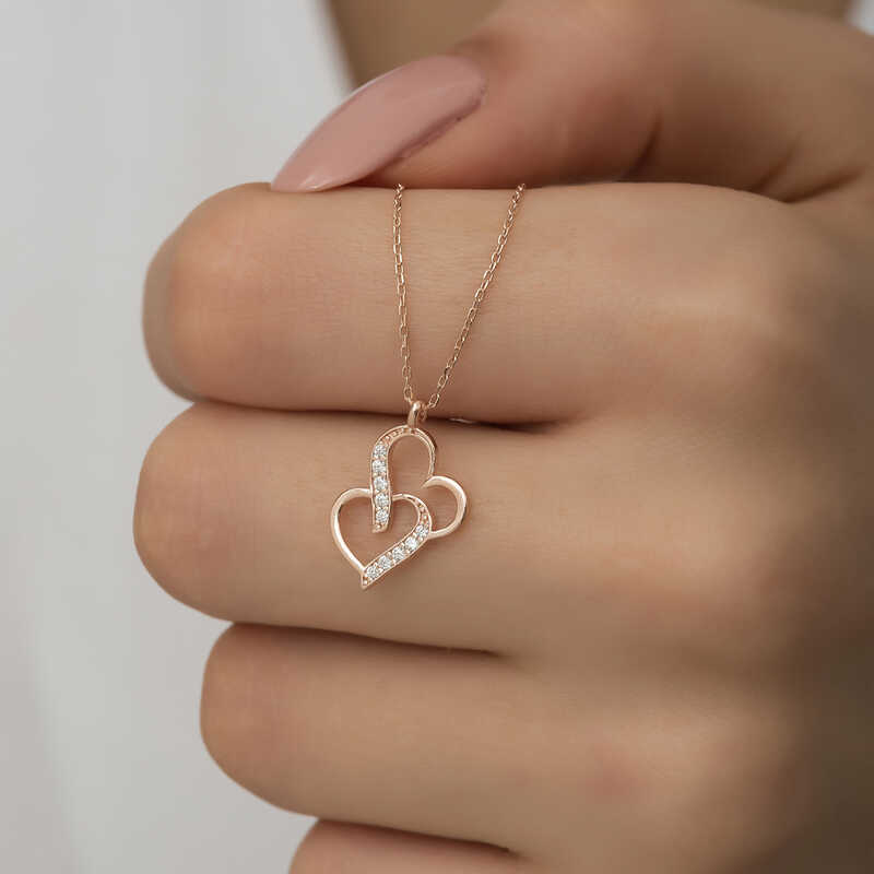 Gümüş Rose Birleşmiş Kalpler Kadın Kolye – Sevginin Simgesi | 925 Ayar | 1,2 cm 1,7 cm 1,3 gr