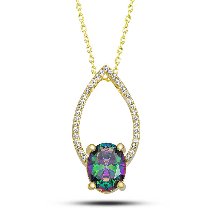 Gümüş Gold Oval Mistik Topaz Taşlı Damla Kadın Kolye – Zamansız Klasik | 925 Ayar