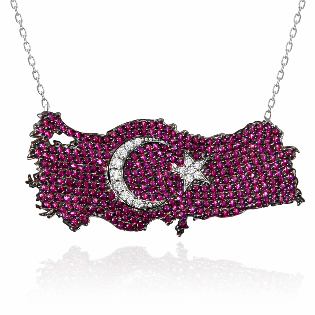Gümüş Ay Yıldız Türkiye Haritası Kadın Kolye-Gümüş