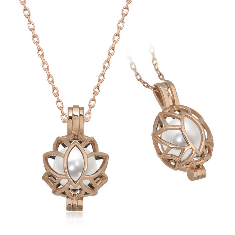Gümüş Rose Beyaz İnci Kafesli Lotus Kadın Kolye-Gümüş