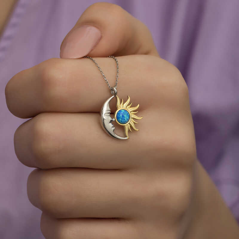Gümüş Opal Mavi Taşlı Ay Güneş Kadın Kolye-Gümüş