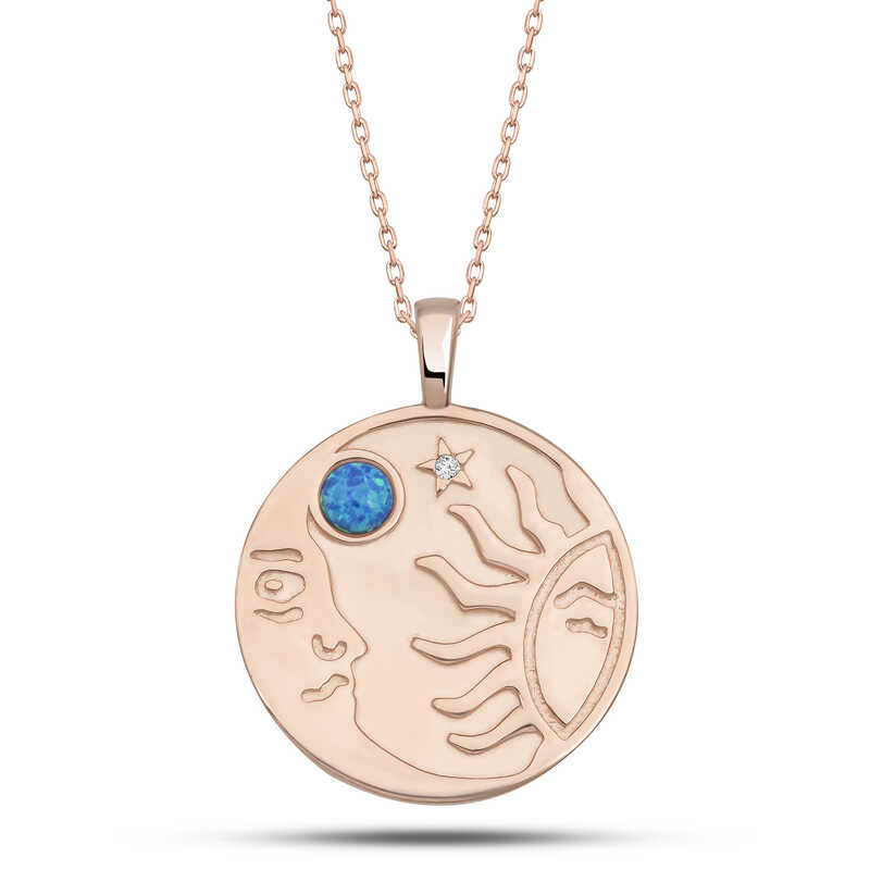 Gümüş Rose Opal Mavi Taşlı Ay Güneş Kadın Kolye-Gümüş
