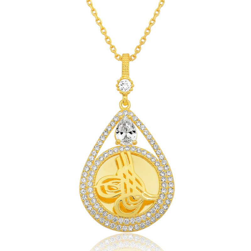 Gümüş Gold Kaplama Damla Tuğralı Kadın Kolye-Gümüş